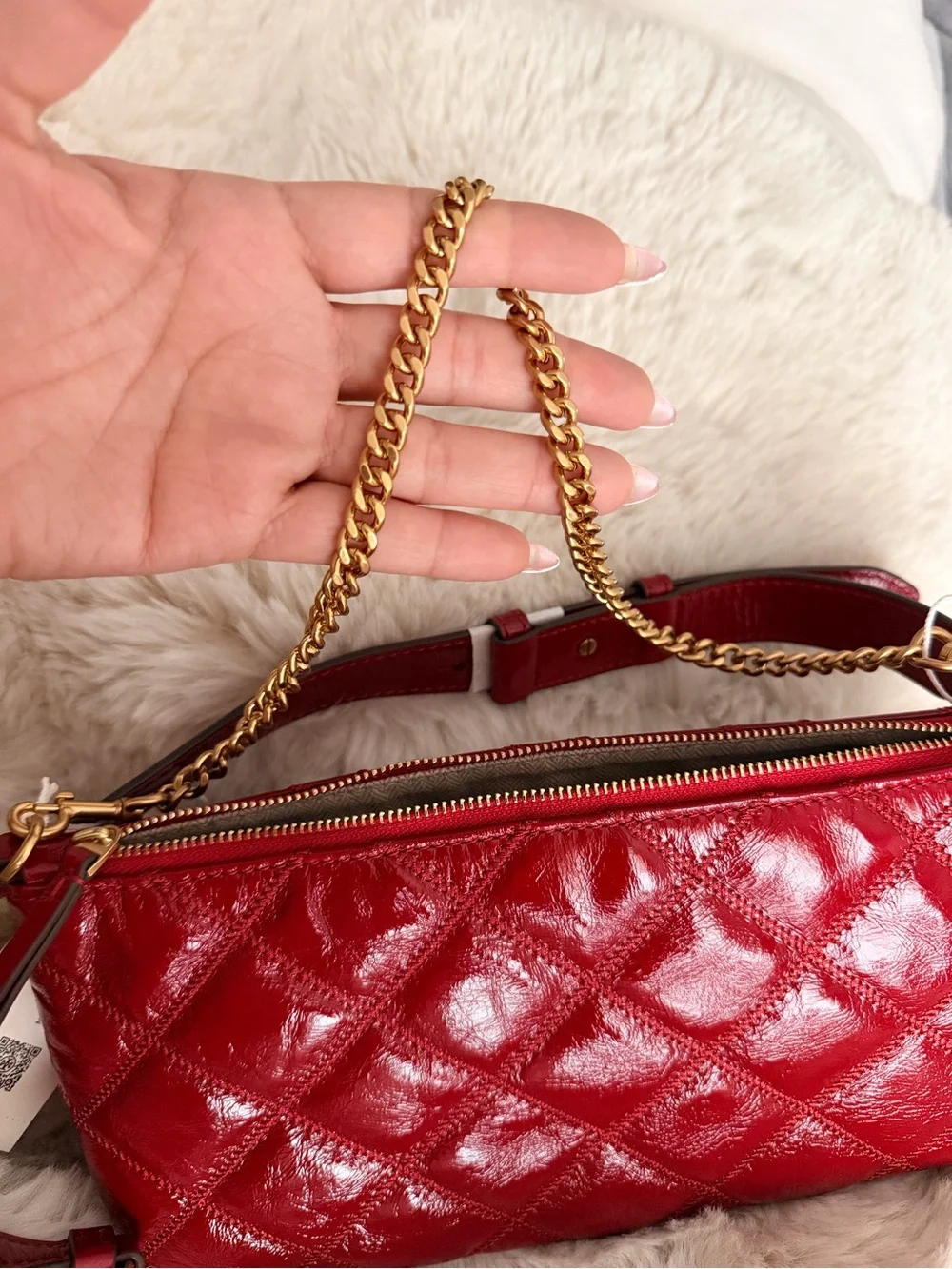 Tory Burch Red Quilted Patent Leather Crossbody Bag with Gold Hardware